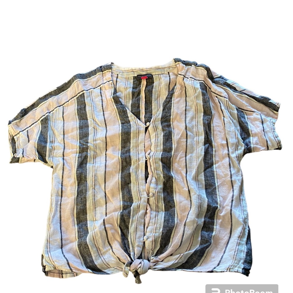 Vince Camuto Womens Linen Striped Button Down Tie Front Blouse Size Small